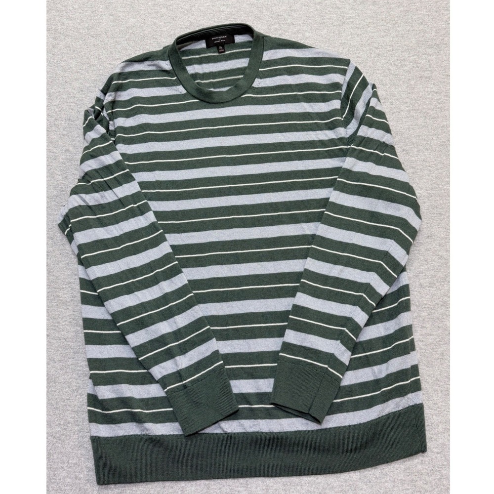 Banana Republic Mens XL Merino Wool Striped Crew Neck Sweater Green Gray 486773